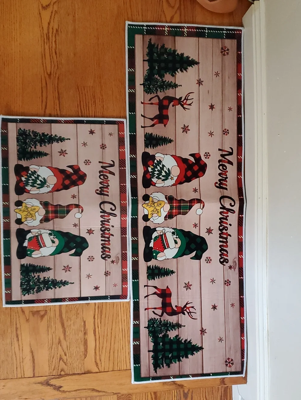 Set Of 2 - Merry Christmas Gnome Holiday Rug Set - Red & Green